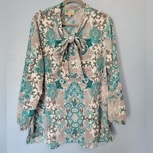 Diane Gilman DG2 Paisley Print Tunic Blouse Plus Size 1X Blue